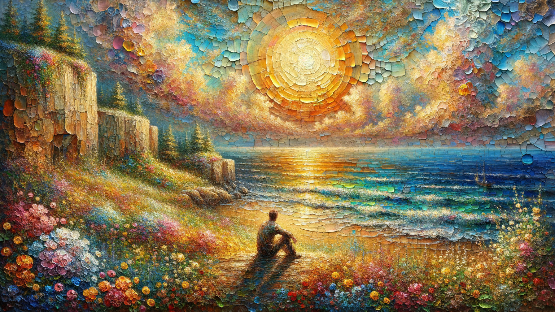 Serene Ocean Landscape with Colorful Sunset and Flowers