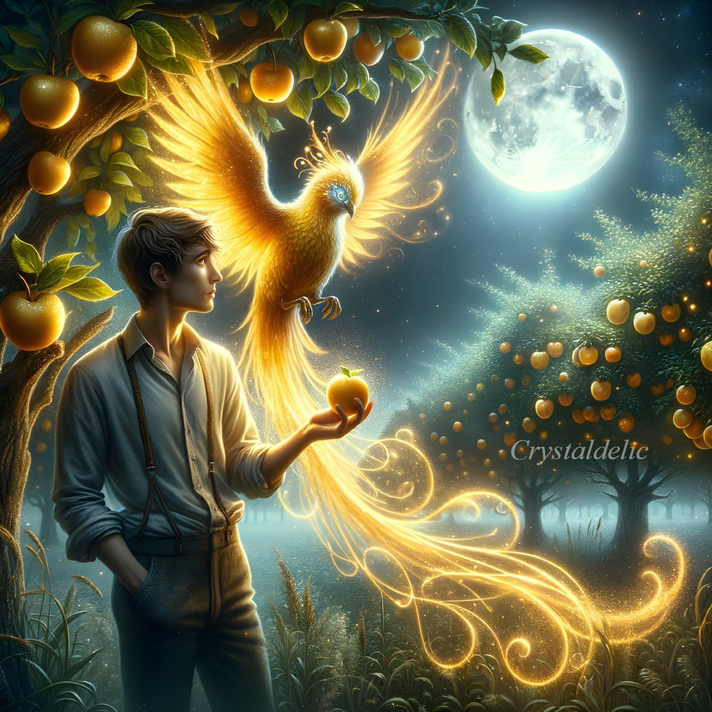 Person in enchanted orchard with mythical bird and apple