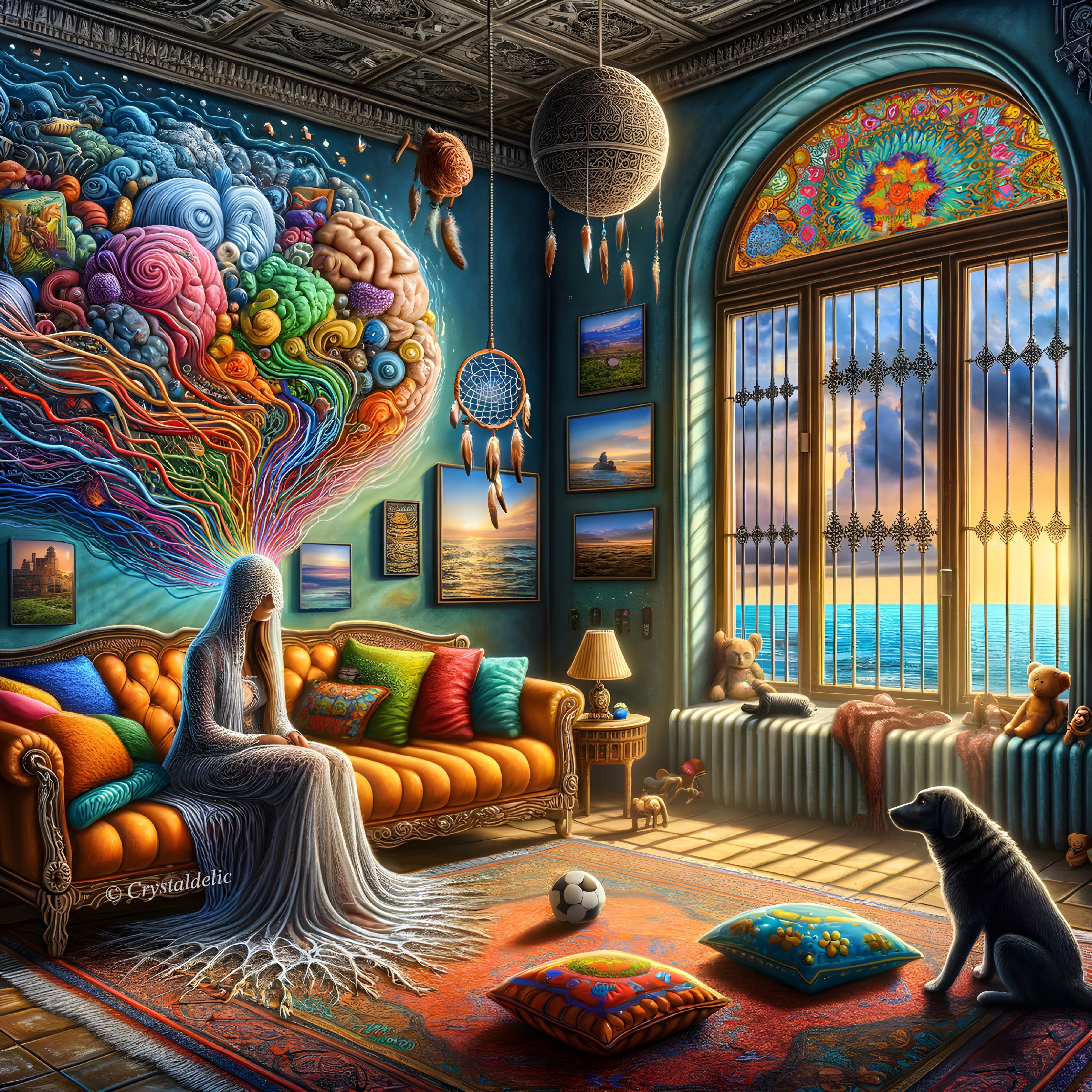 Vibrant Room with Person, Dogs, and Colorful Artworks