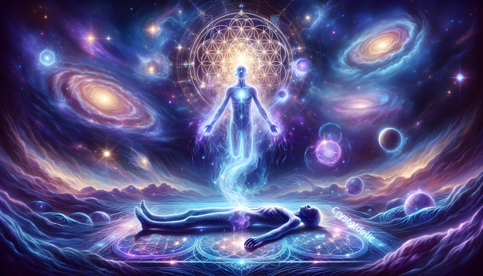 Human figure ascends from lying body in surreal cosmic scene