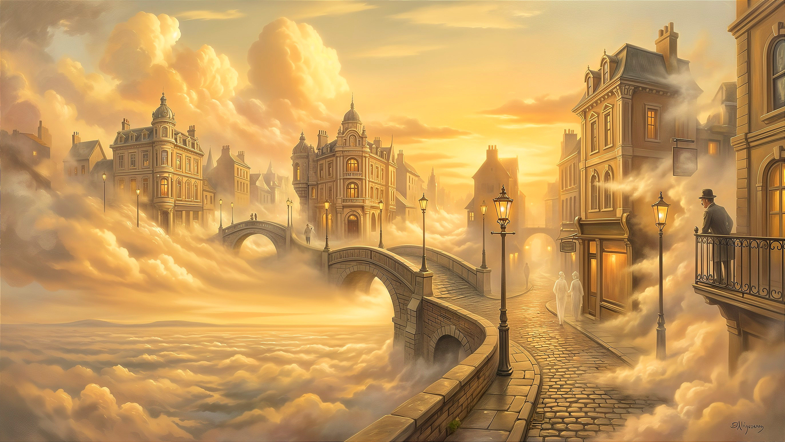 Dreamlike Cityscape Above Clouds at Sunset