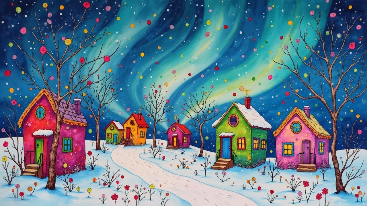 Whimsical Winter Scene with Colorful Houses and Lights