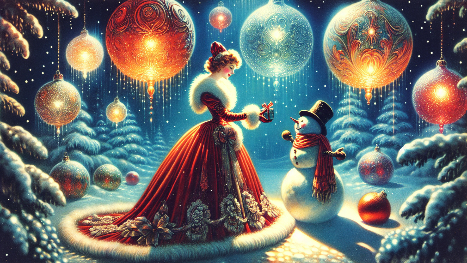 Fantastical Winter Wonderland with Snowman and Ornaments