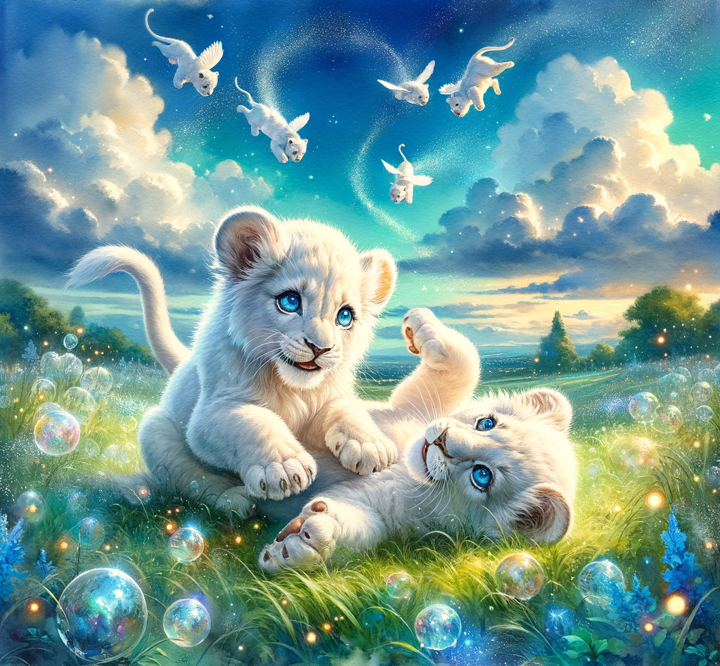 White Lion Cubs Playing in a Whimsical Landscape