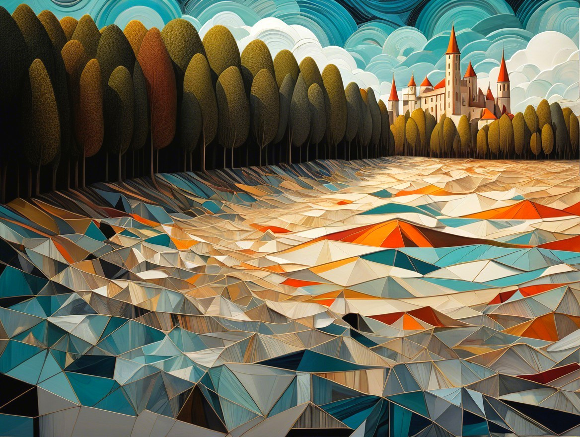 Stylized Landscape with Geometric Patterns and Castle