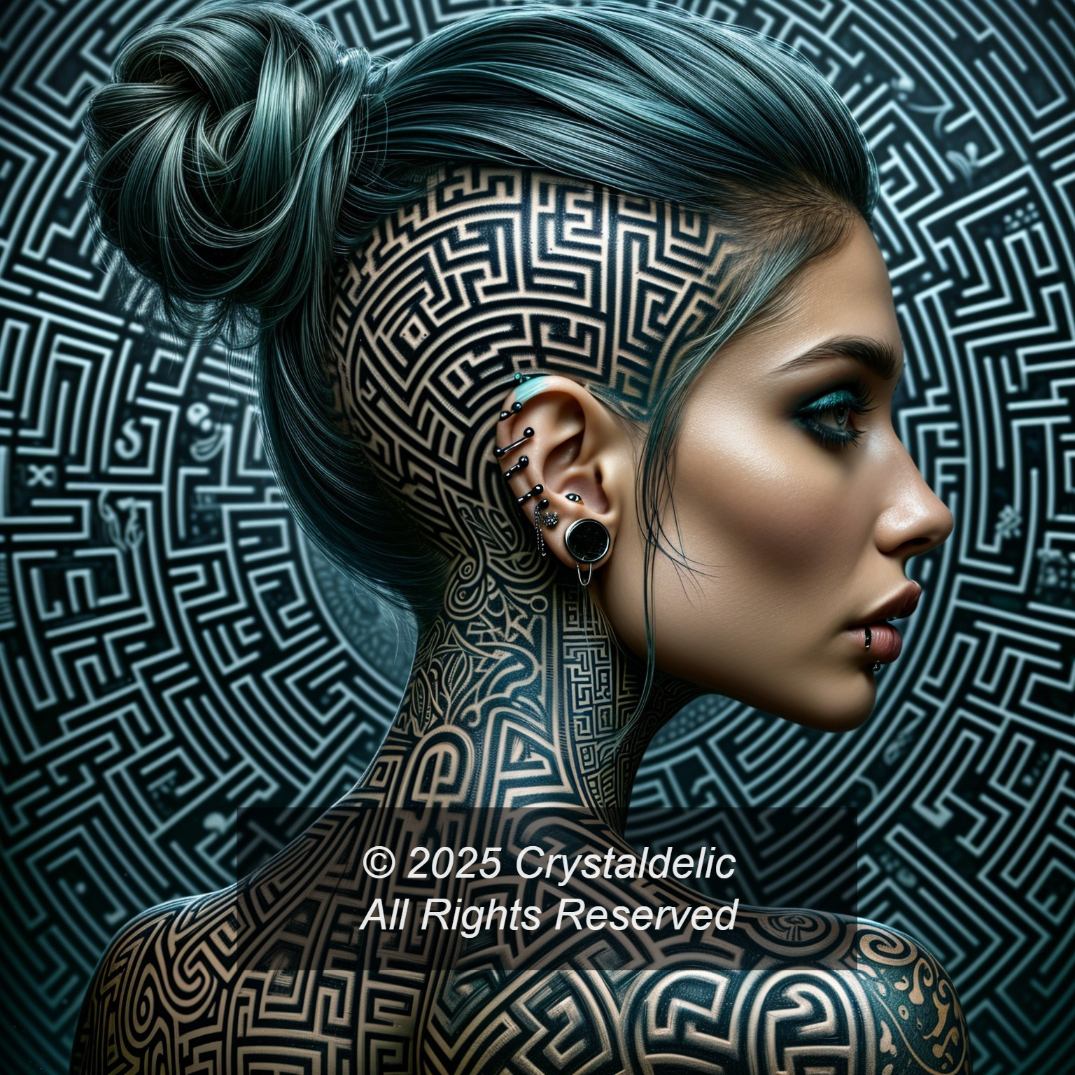 Profile of a Woman with Geometric Tattoos and Blue Hair