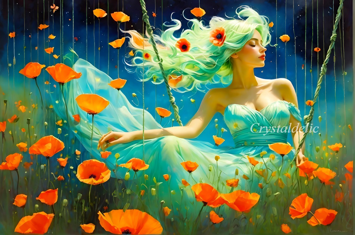 Surreal painting of woman in blue dress with orange and red poppies on green hair