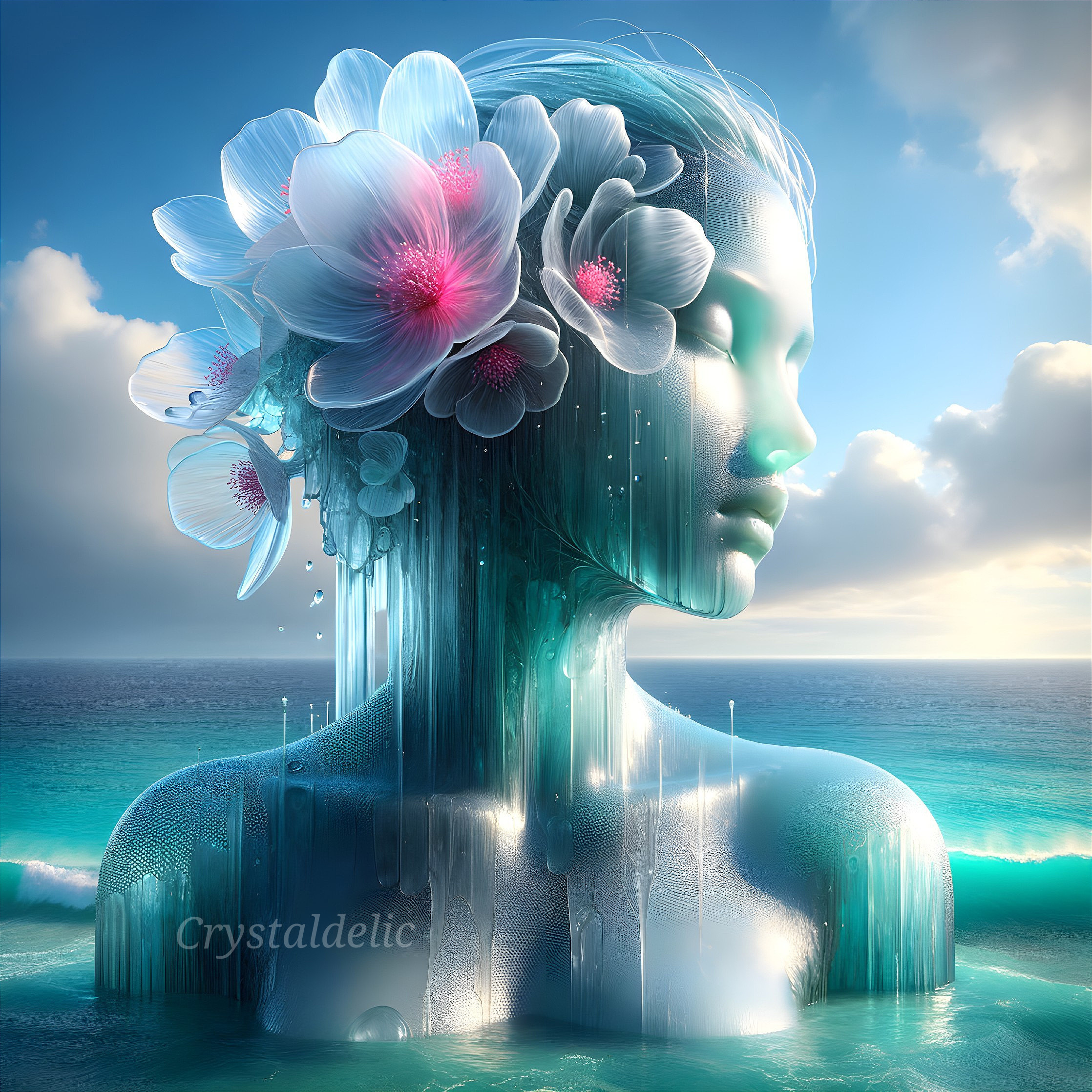 Surreal image: Woman with flowers in tranquil expression merging into seascape