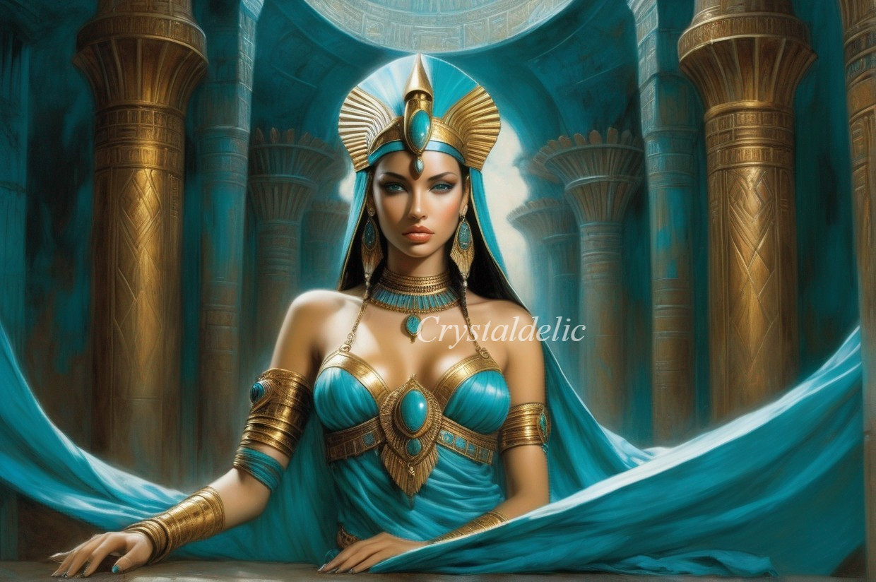 Regal woman styled as ancient Egyptian queen with elaborate headdress and jewelry against temple pillars