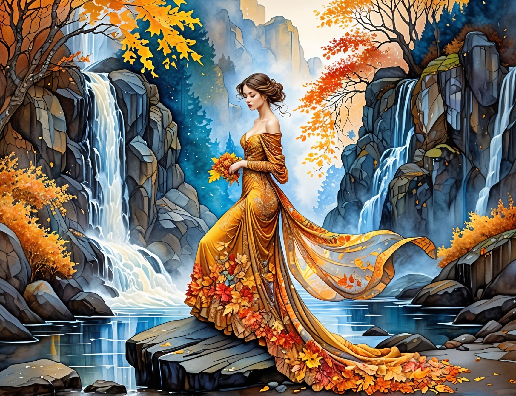 Graceful Woman in Golden Gown by Tranquil Lake