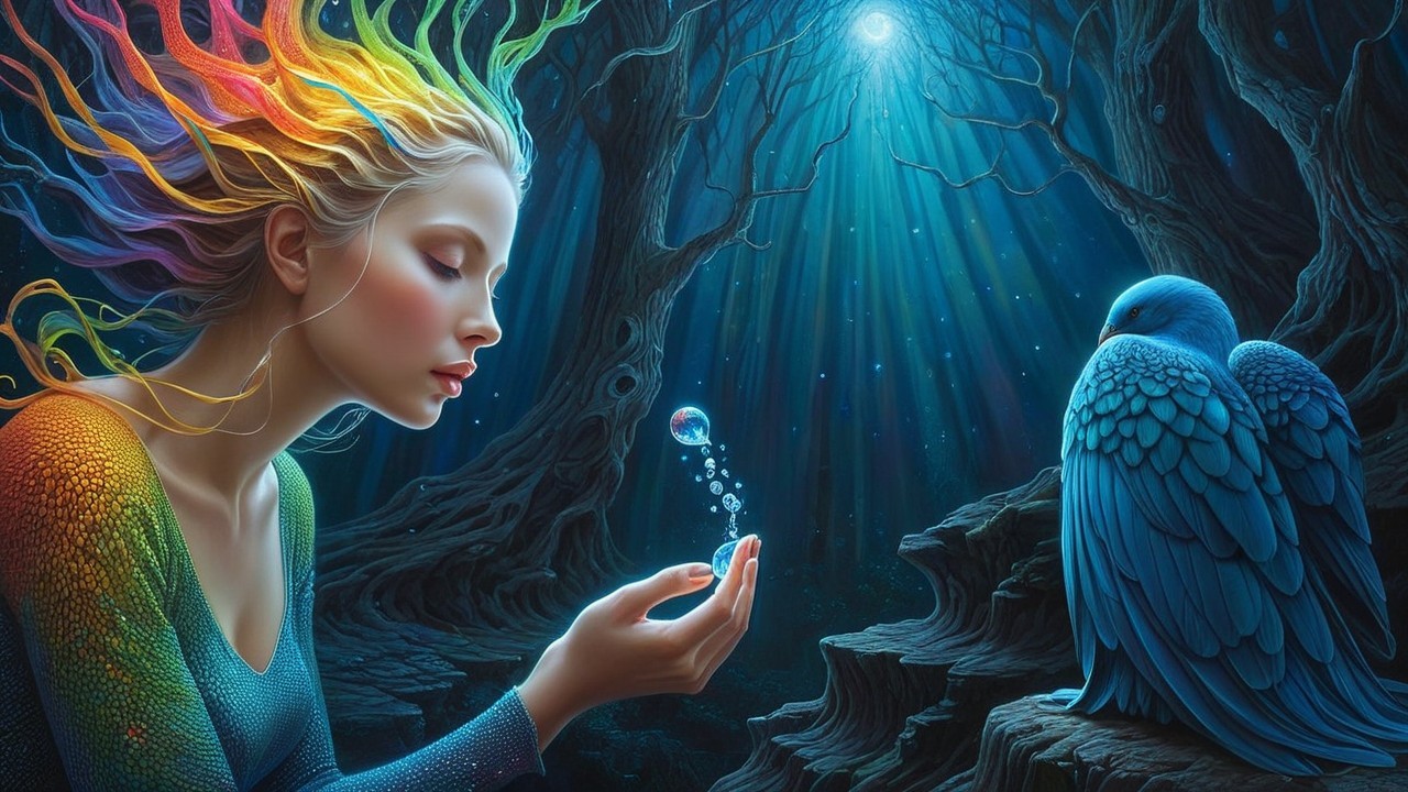 Mystical forest scene with colorful hair and magic bubble