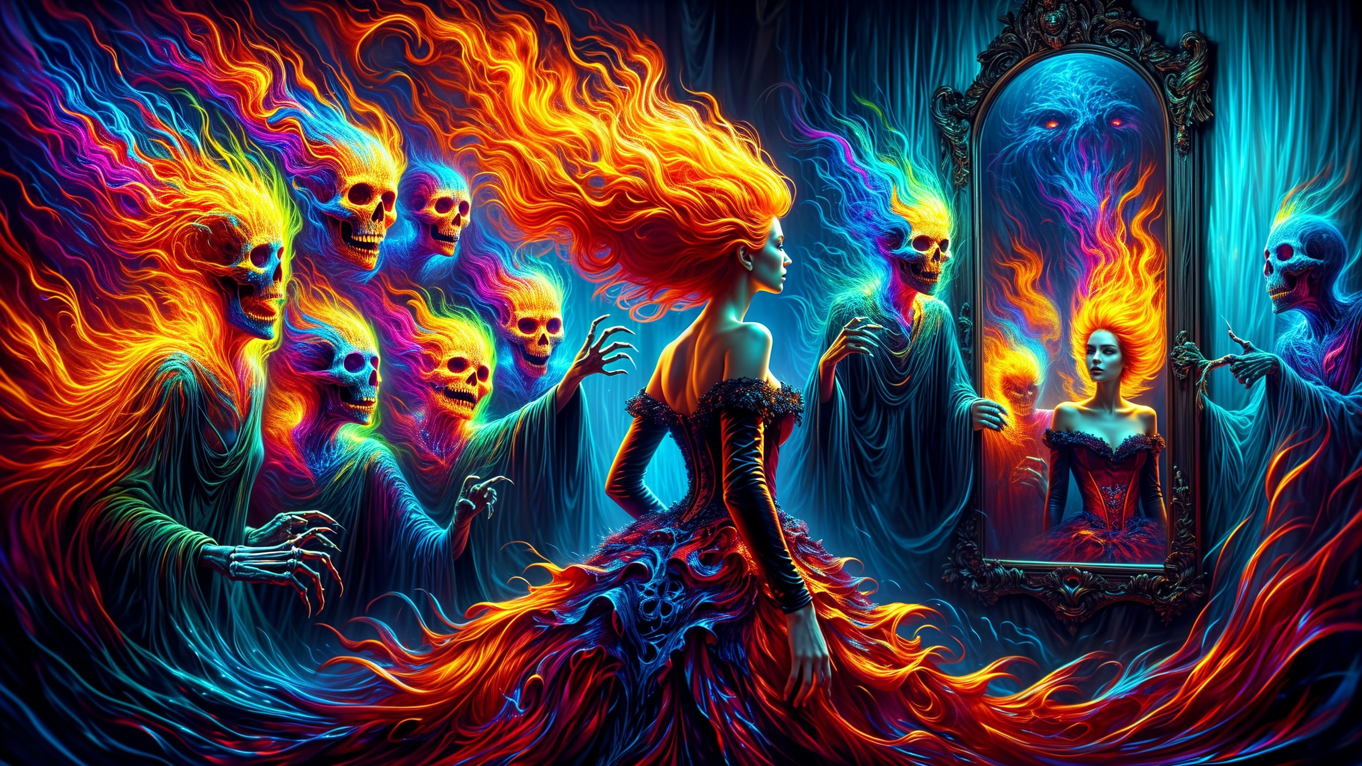 Dramatic scene of a woman in a fiery gown with ghosts