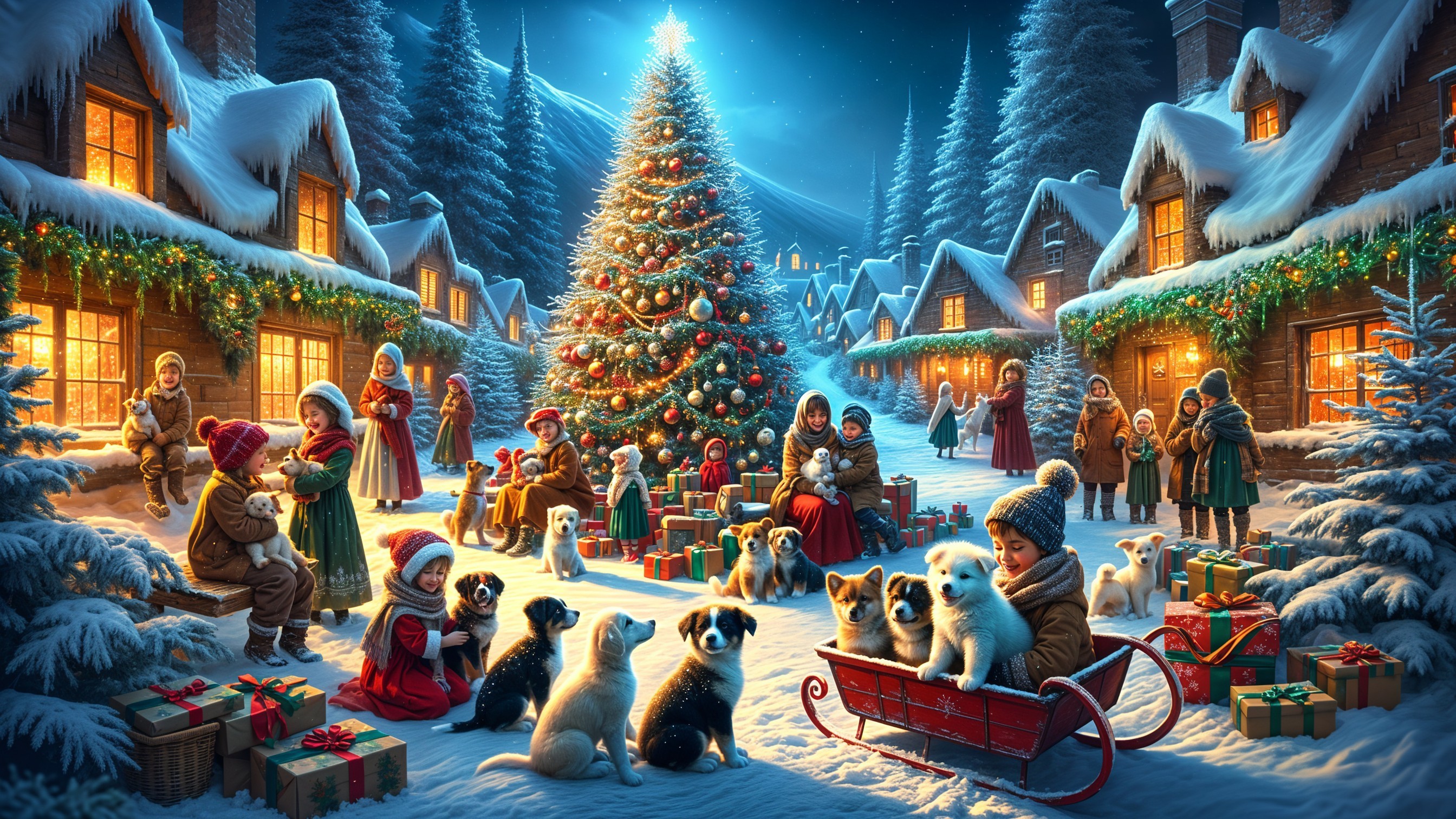 Christmas Village Scene with Children and Puppies