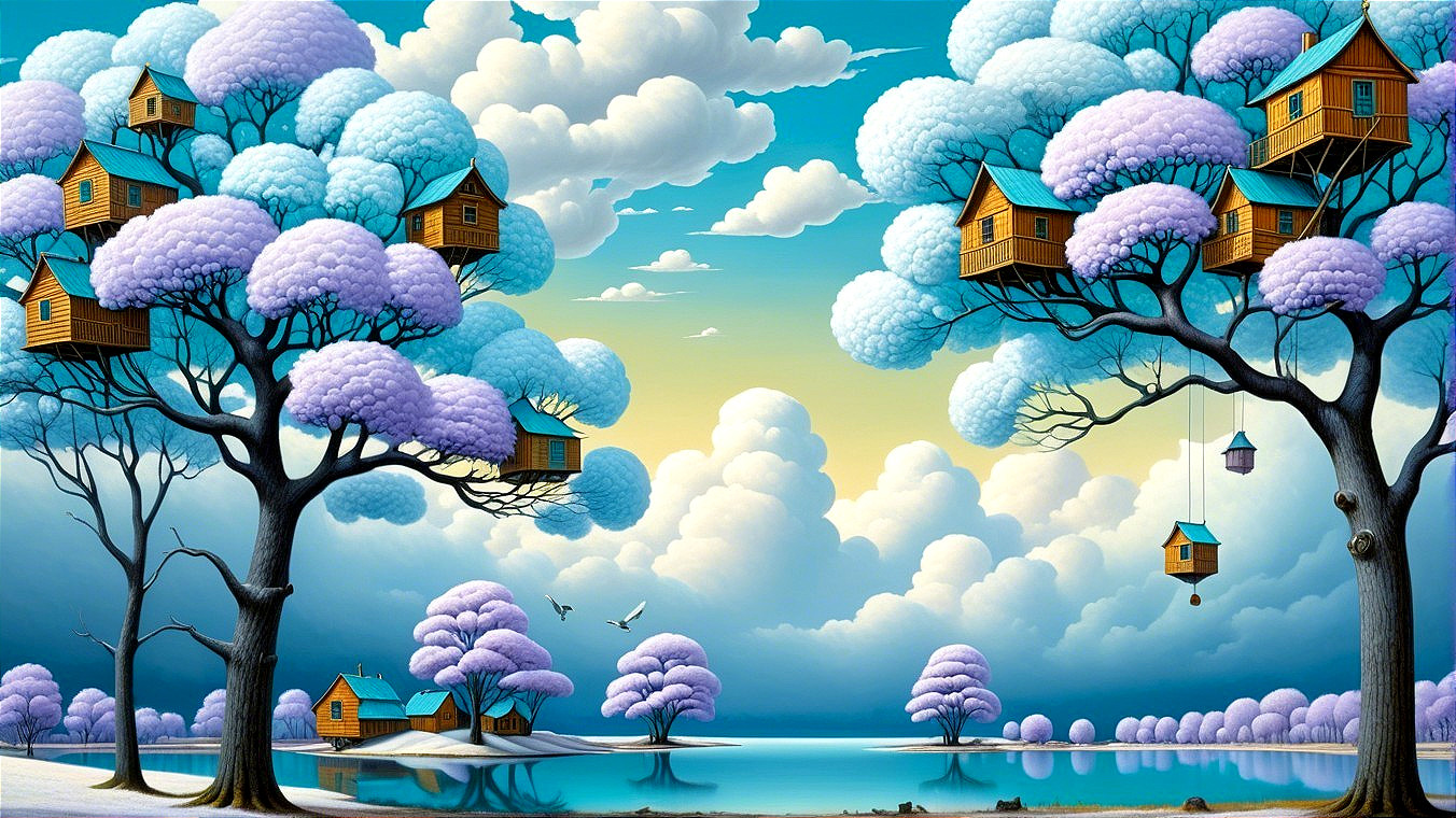 Whimsical landscape with vibrant trees and lake reflection