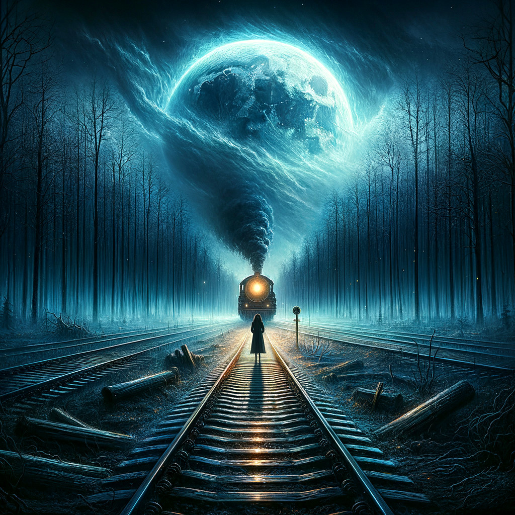 Lone Figure on Tracks Under Glowing Moon and Train