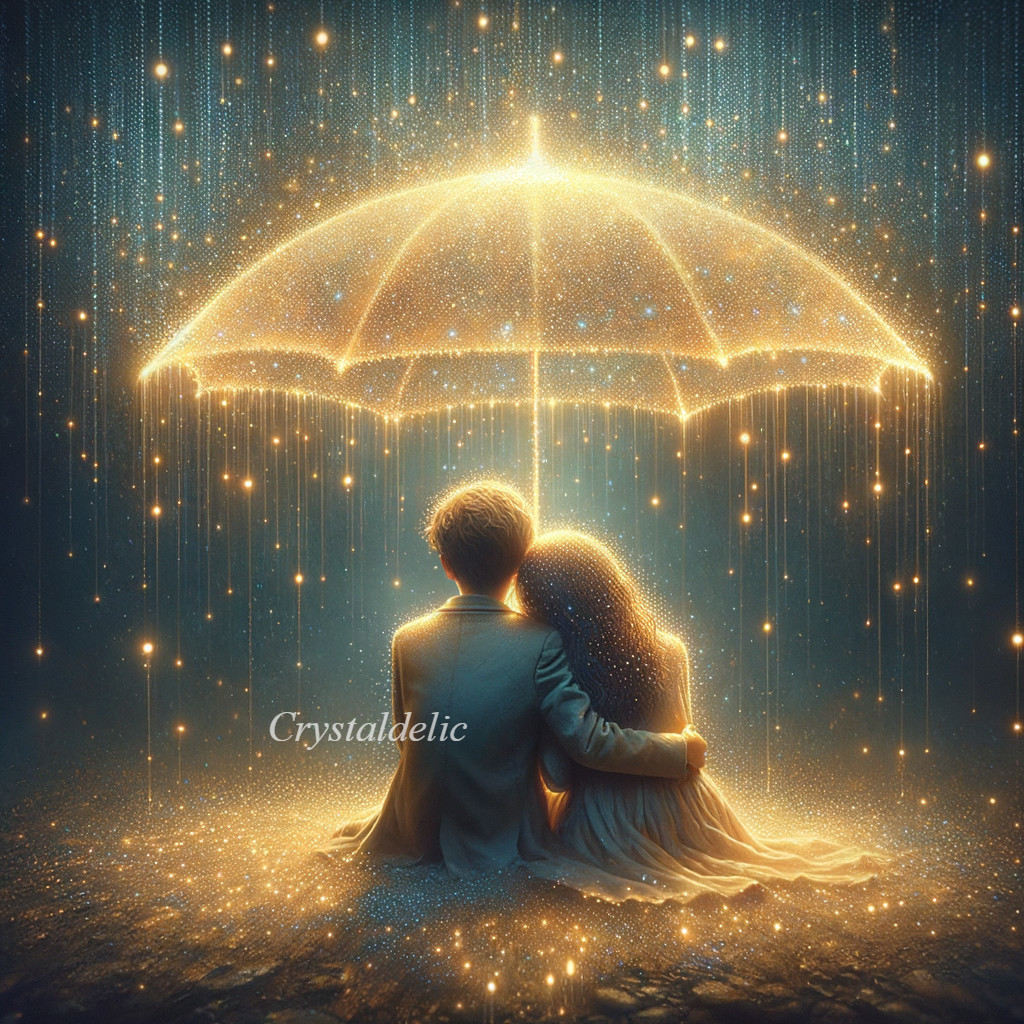 Couple Under Glowing Umbrella with Sparkling Raindrops