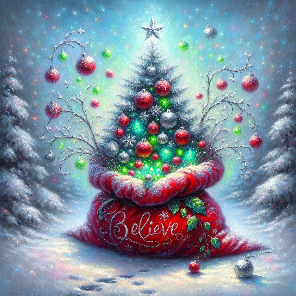 Surreal Christmas Tree Emerging from Santa's Bag