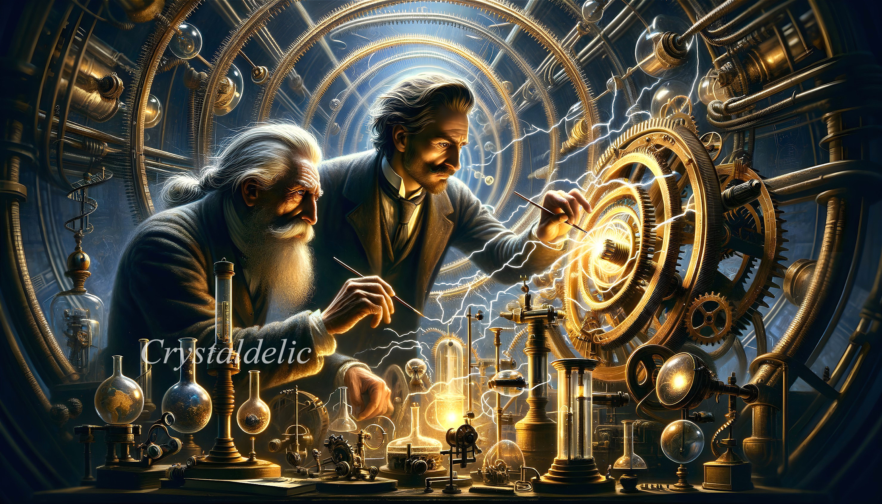Scientists working on complex machinery in a steampunk lab with glowing energy.