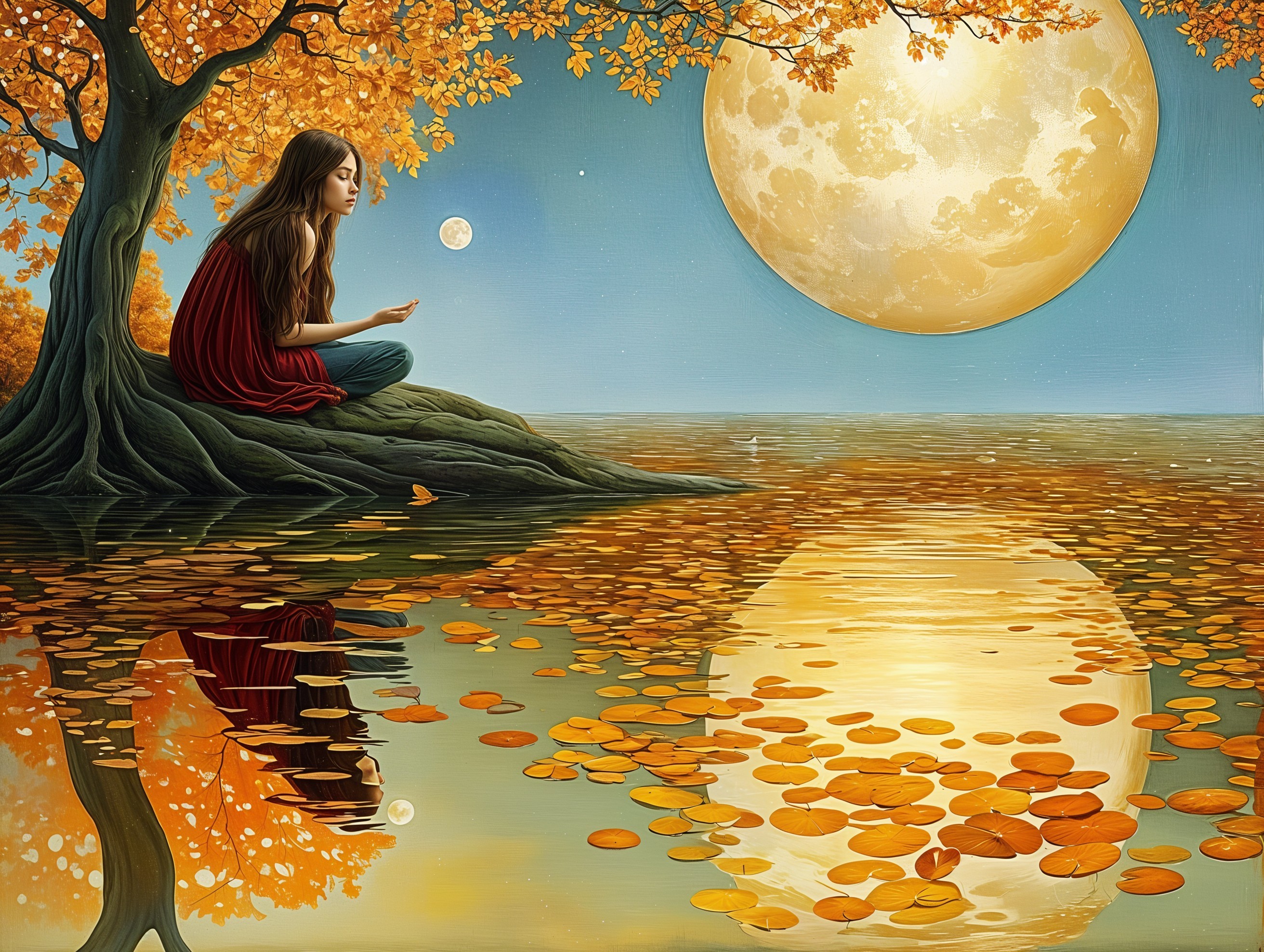 Serene Girl on Rocky Shore with Vibrant Foliage