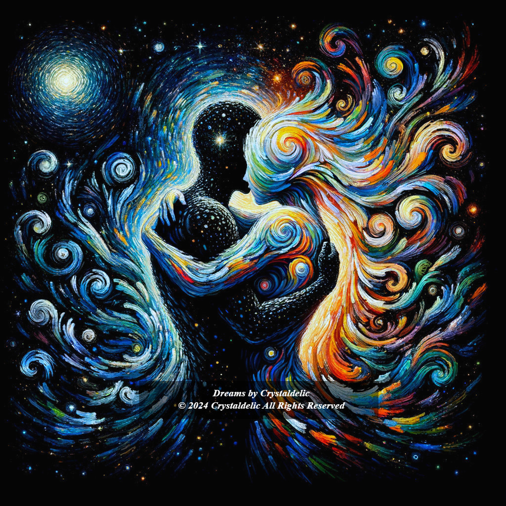 Abstract Embrace of Intertwined Figures in Cosmic Colors