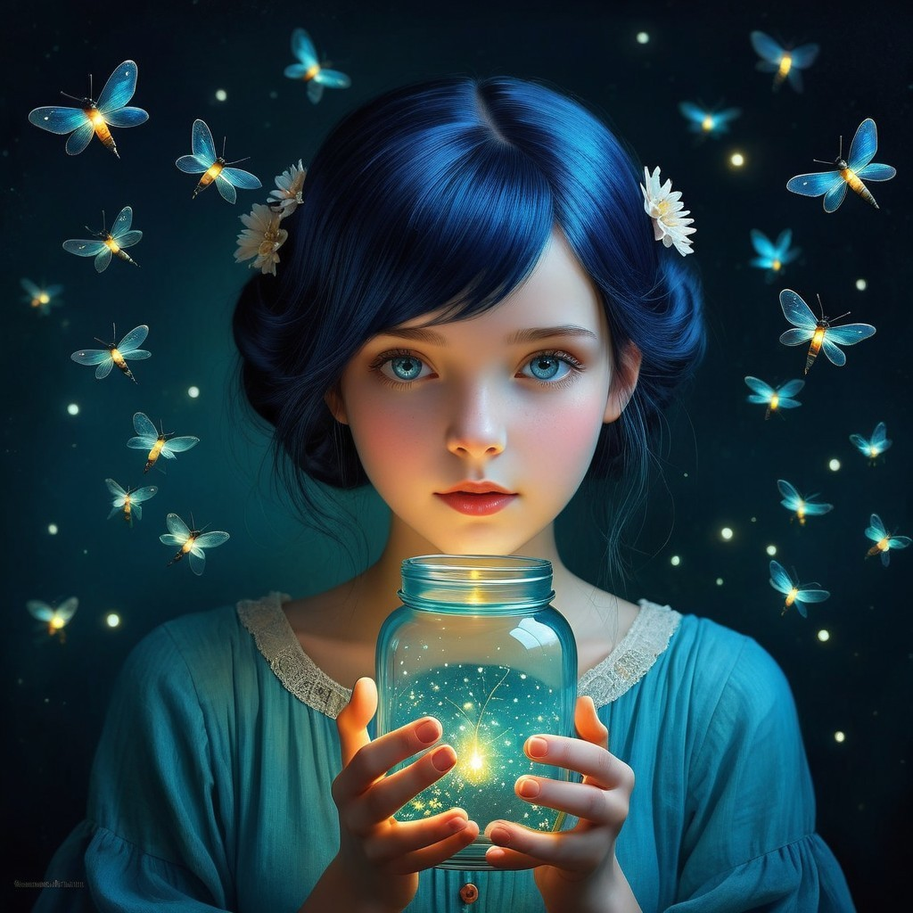 Young girl with blue hair and glowing jar in fireflies