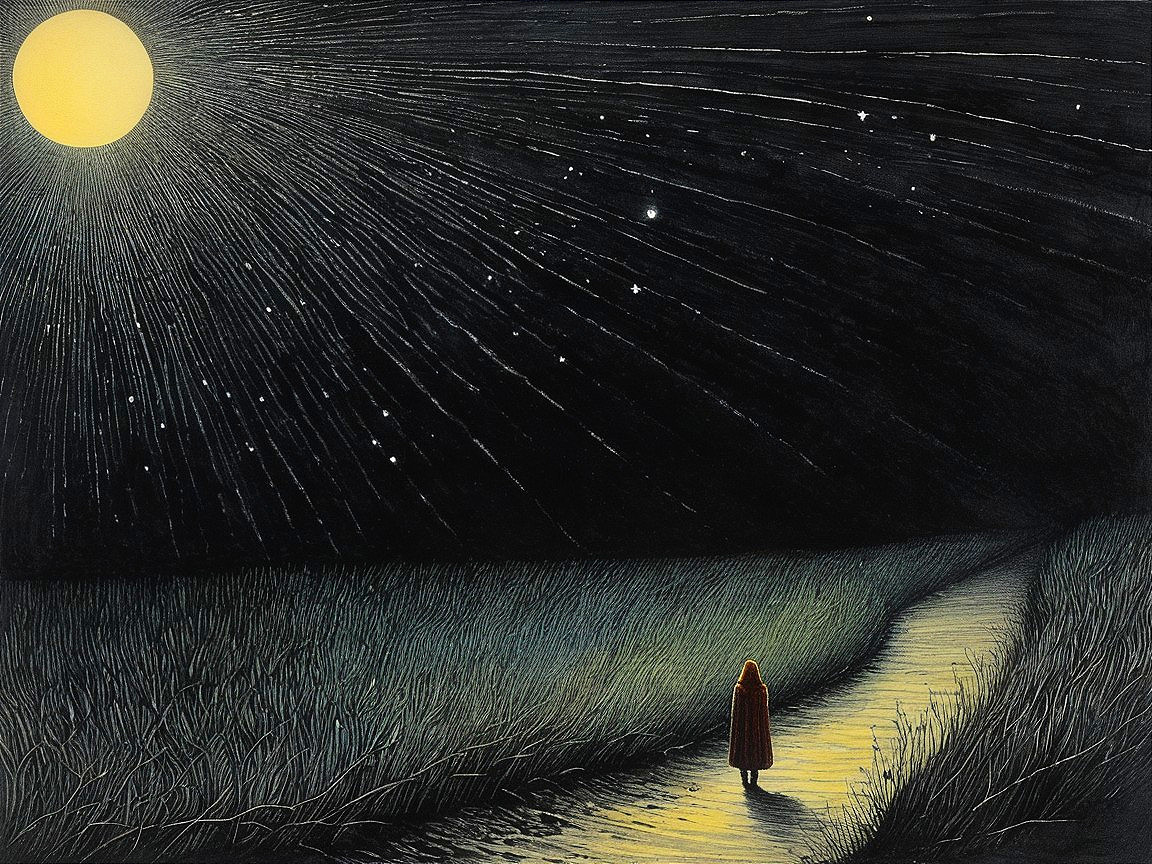Figure in Reddish Cloak on Winding Path at Night