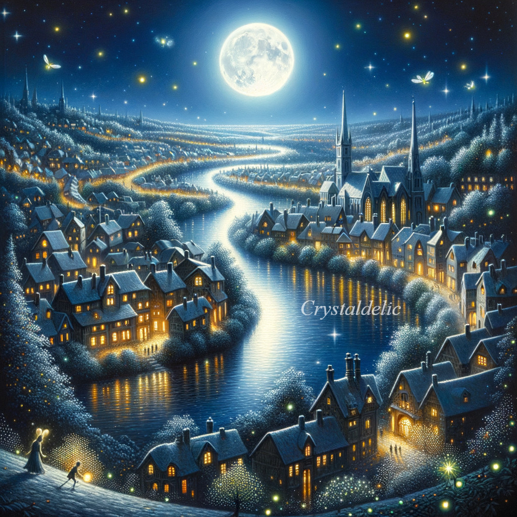 Moonlit village painting with sparkling waters and glowing windows