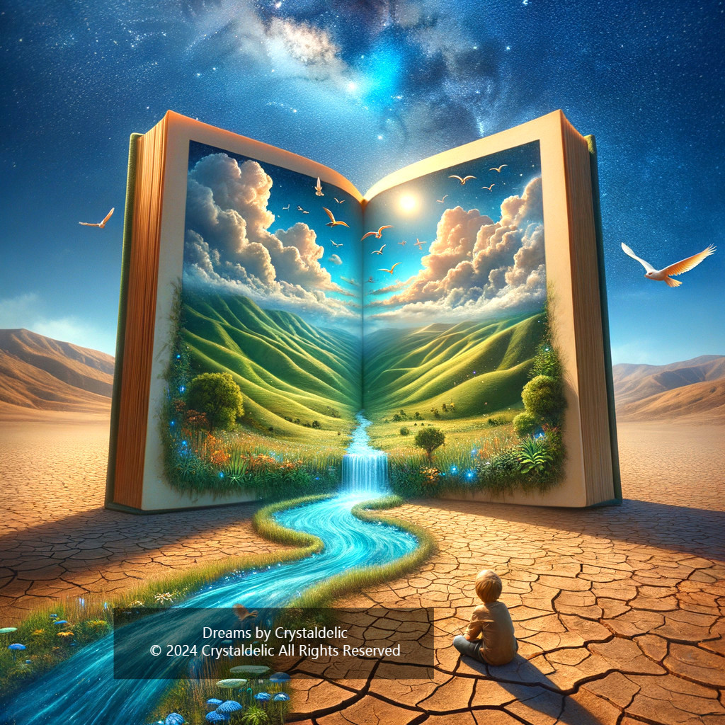 Open Book in Arid Landscape with Vibrant Imagery