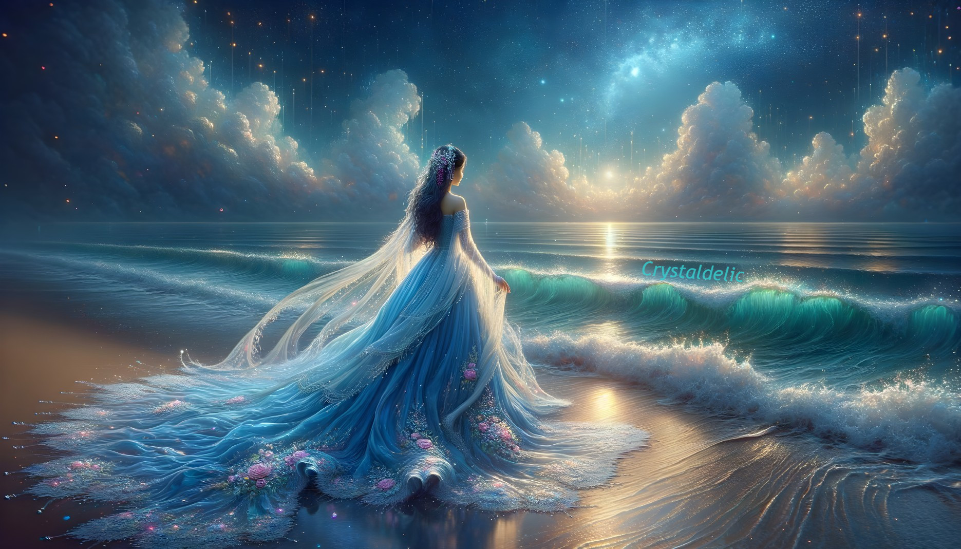 Woman in blue gown by shore under starry sky with crashing waves