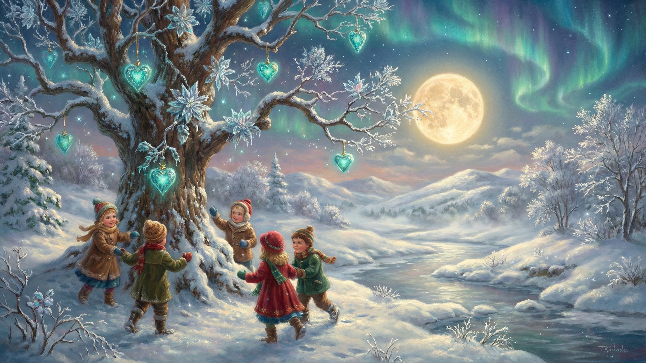 Aurora Borealis Over Snowy Landscape with Children