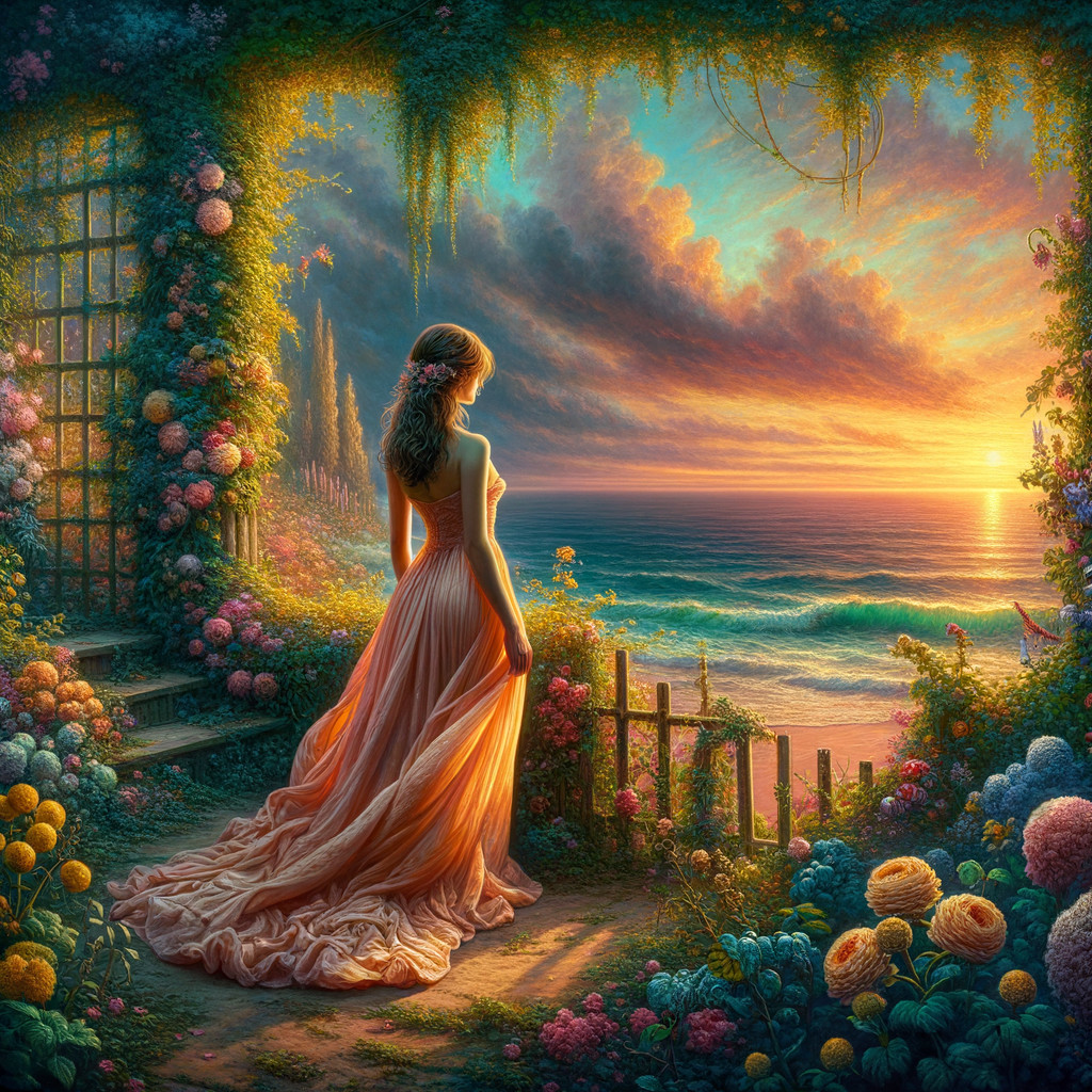 Woman in Peach Gown at Garden Gate with Sunset Ocean