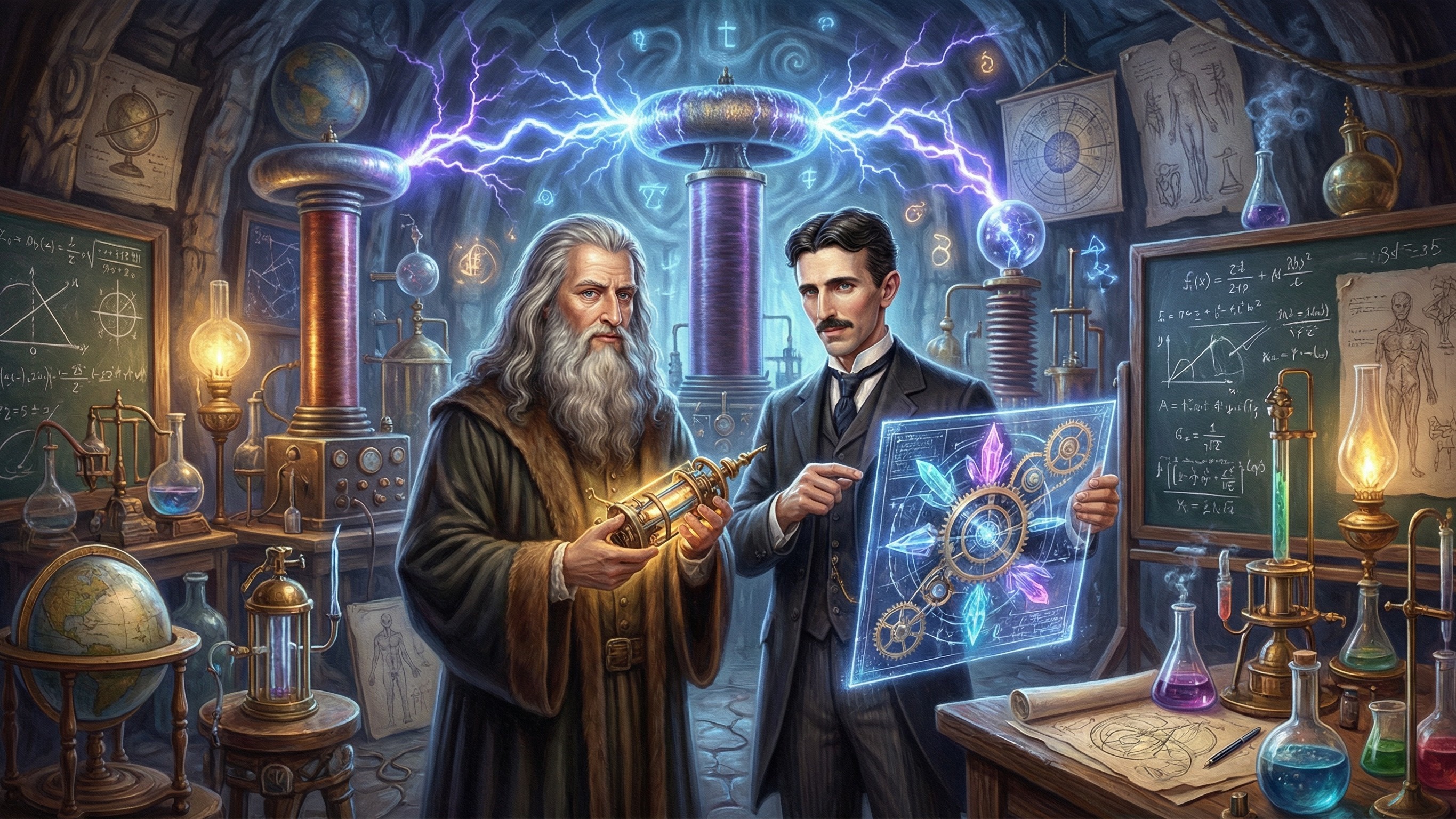 Scientists in a dimly lit laboratory with glowing devices