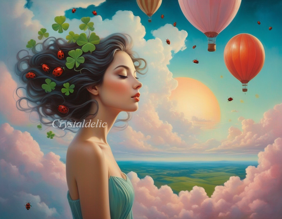 Woman with clover and ladybugs in hair under hot air balloons and setting sun.