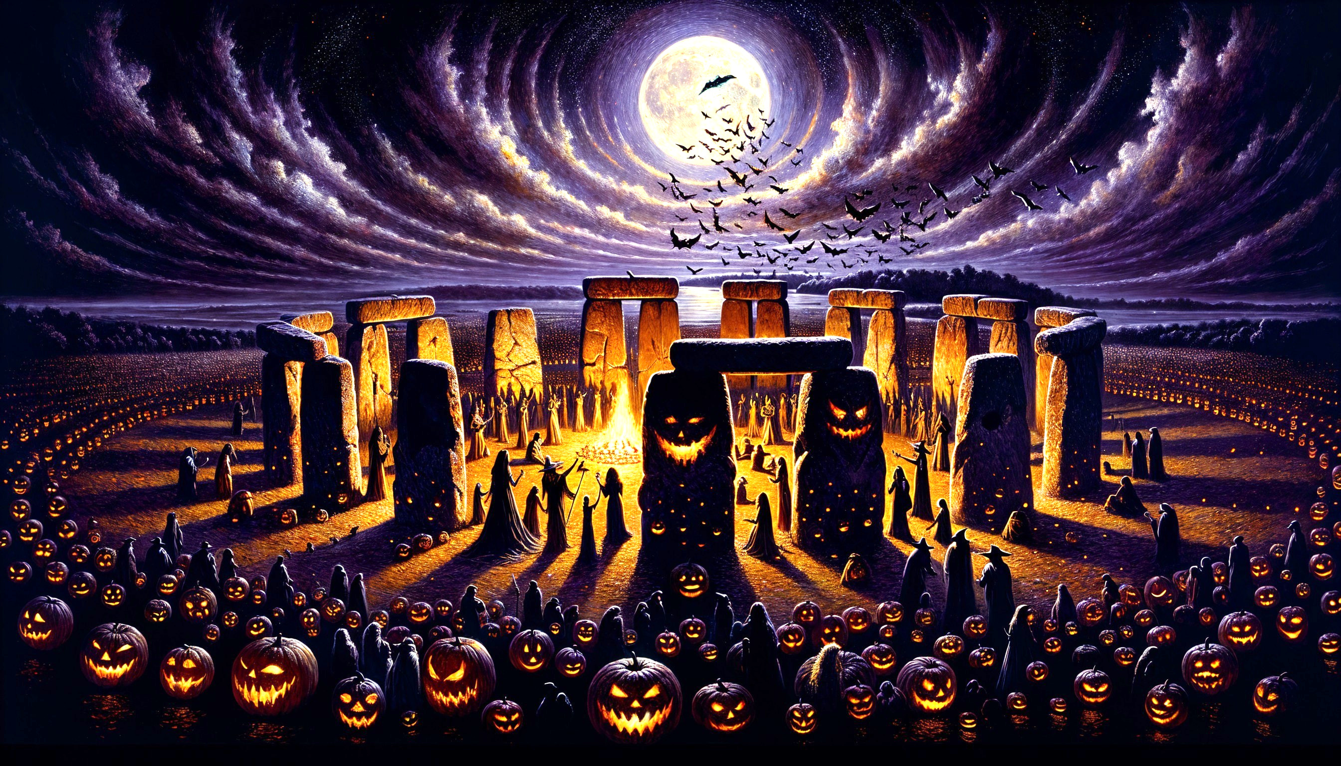Mystical Stonehenge Scene with Halloween Elements