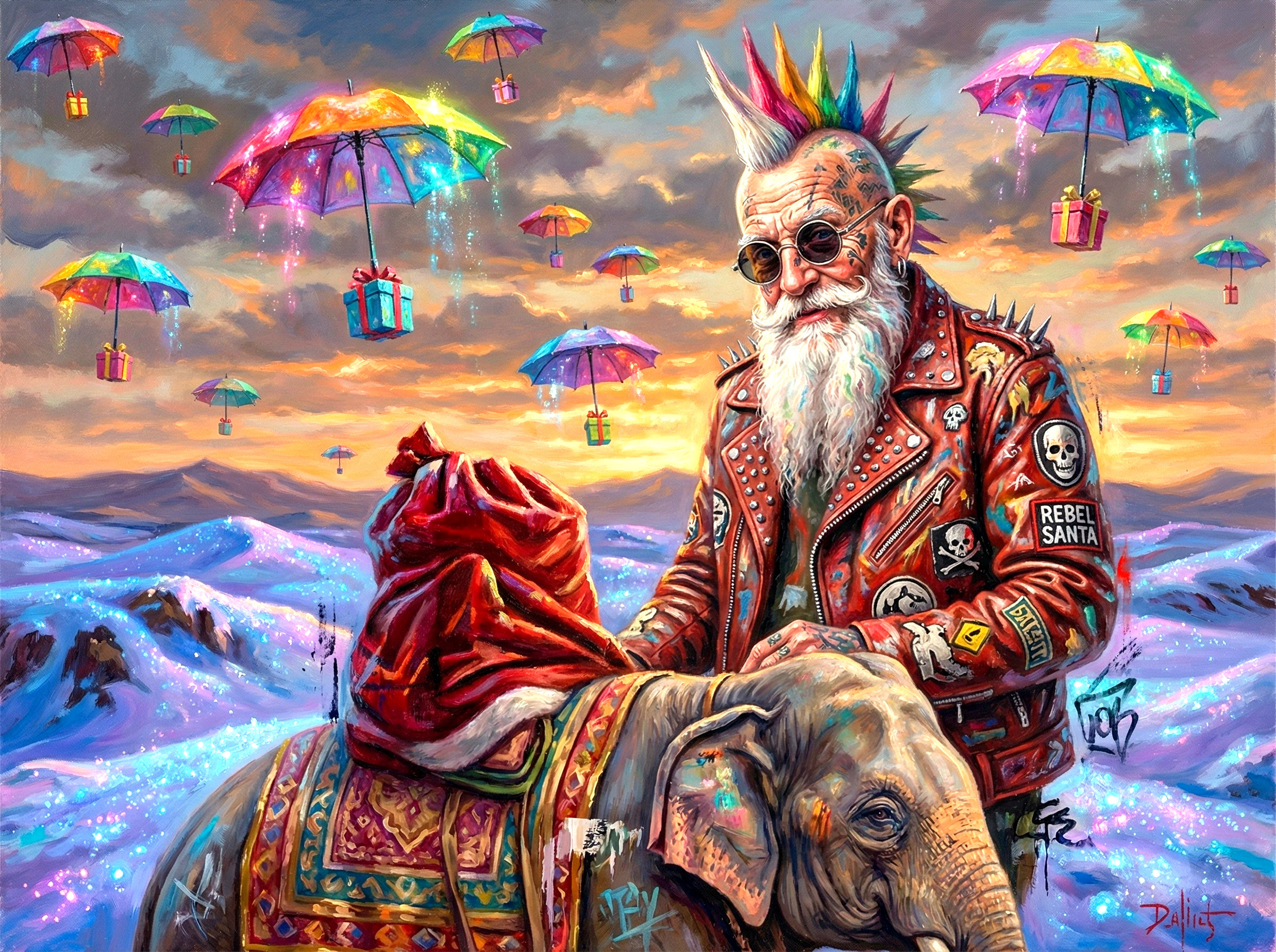 Punk Rock Santa Claus Portrait on Colorful Elephant