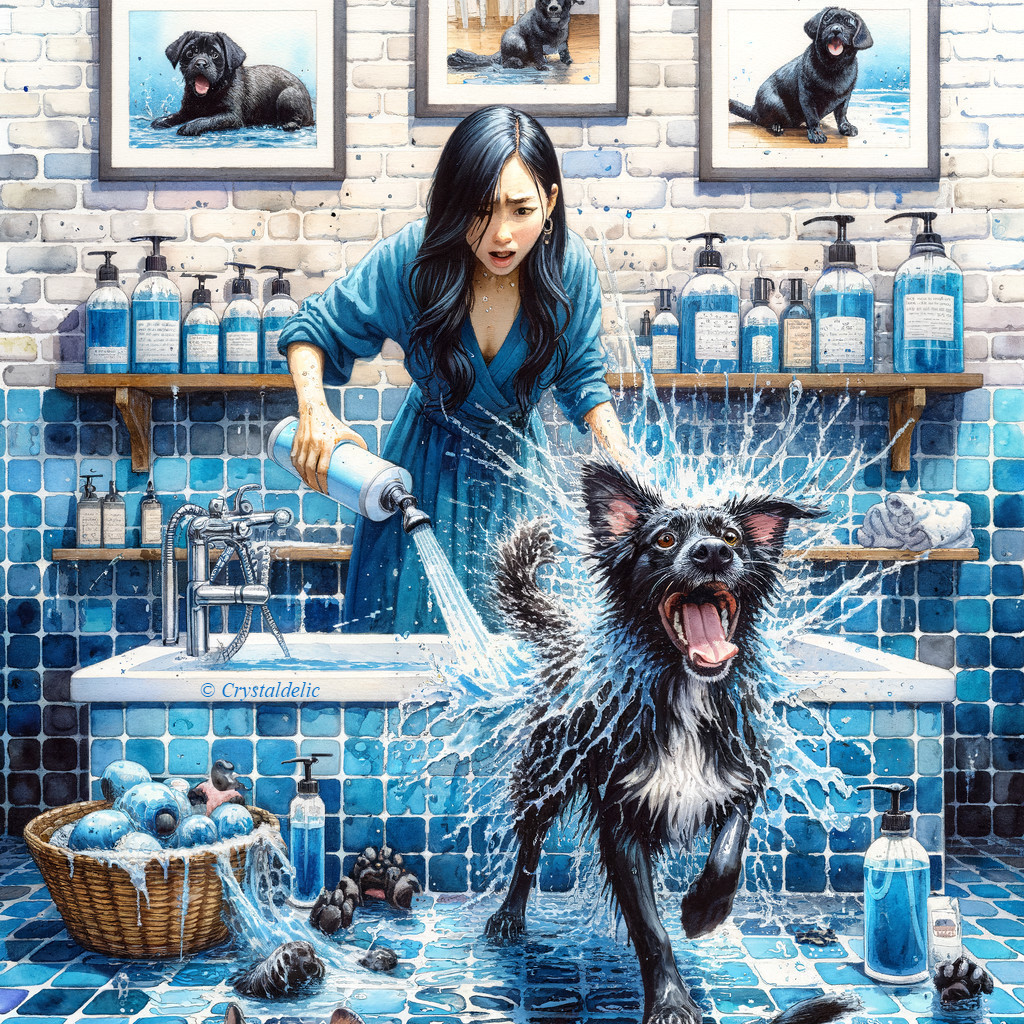 Woman in Blue Apron Bathing Playful Dog in Spa Setting