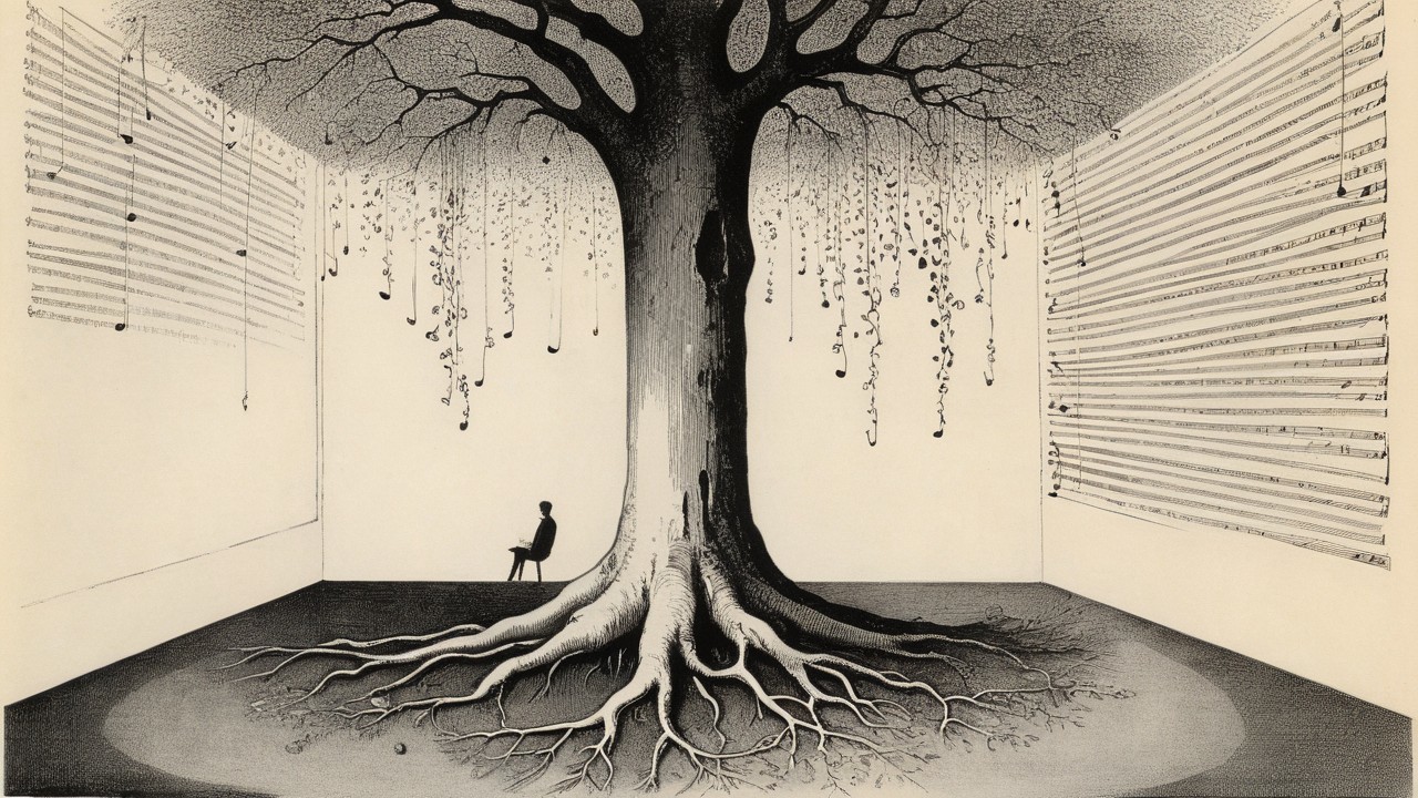 Minimalist Room with Large Tree and Solitary Figure