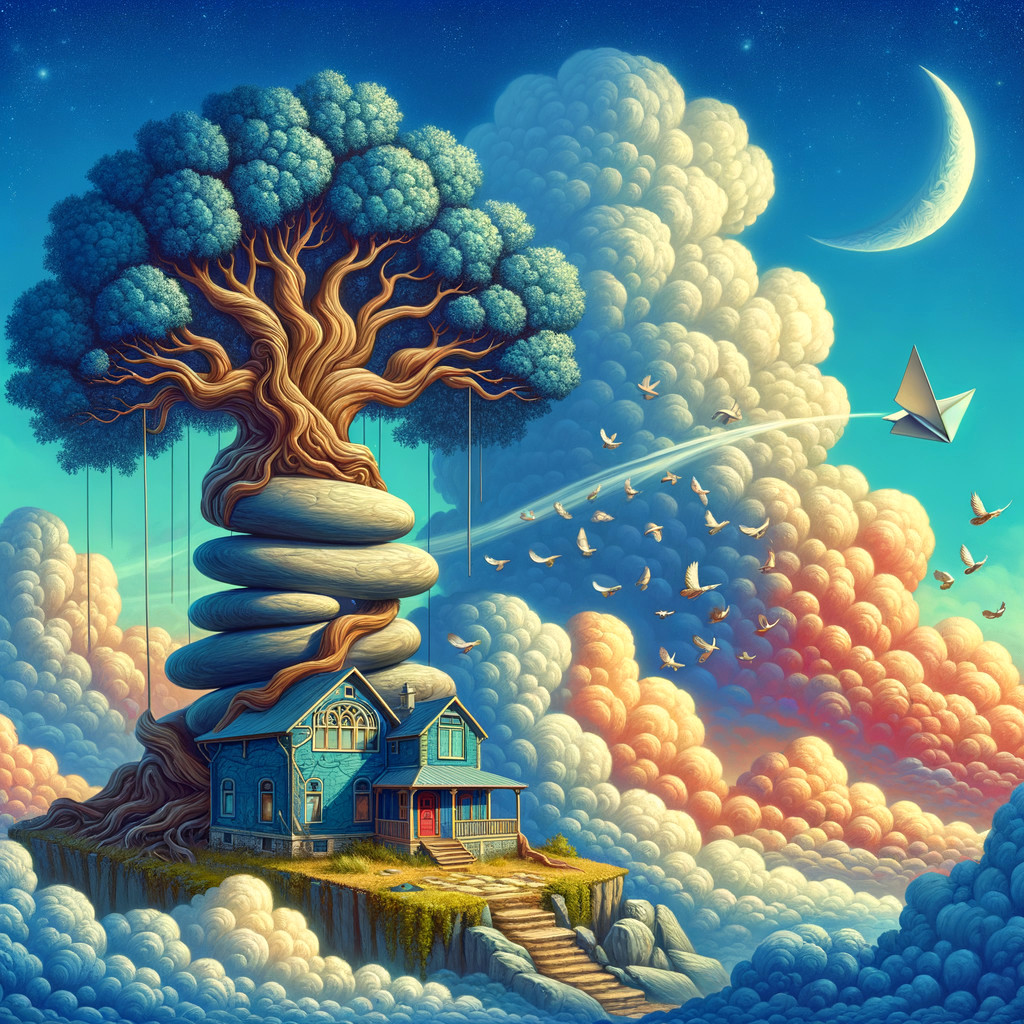 Whimsical Tree House Surrounded by Colorful Clouds