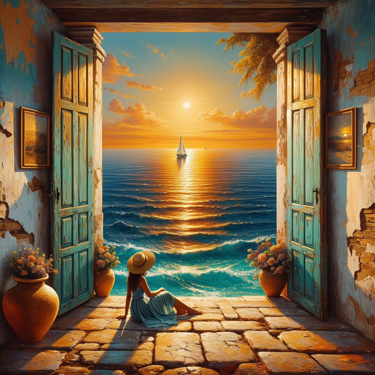 Seascape at Sunset with Girl in Turquoise Dress