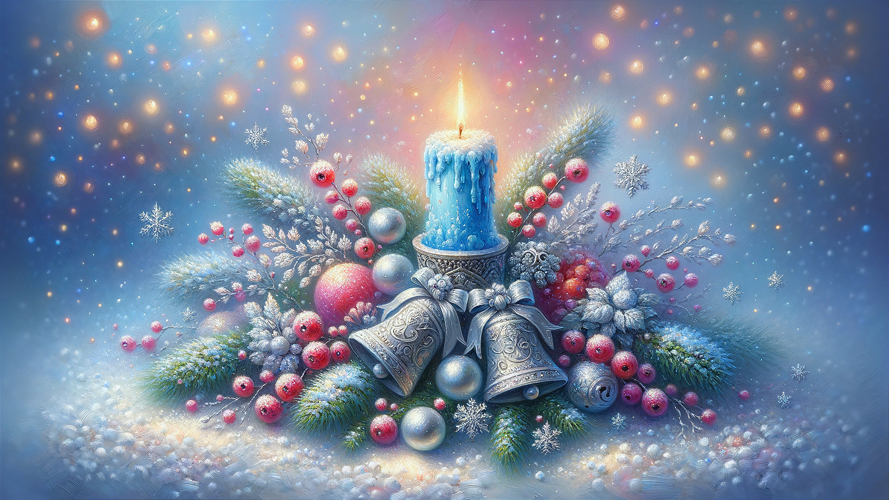 Serene Winter Scene with Blue Candle and Festive Decor