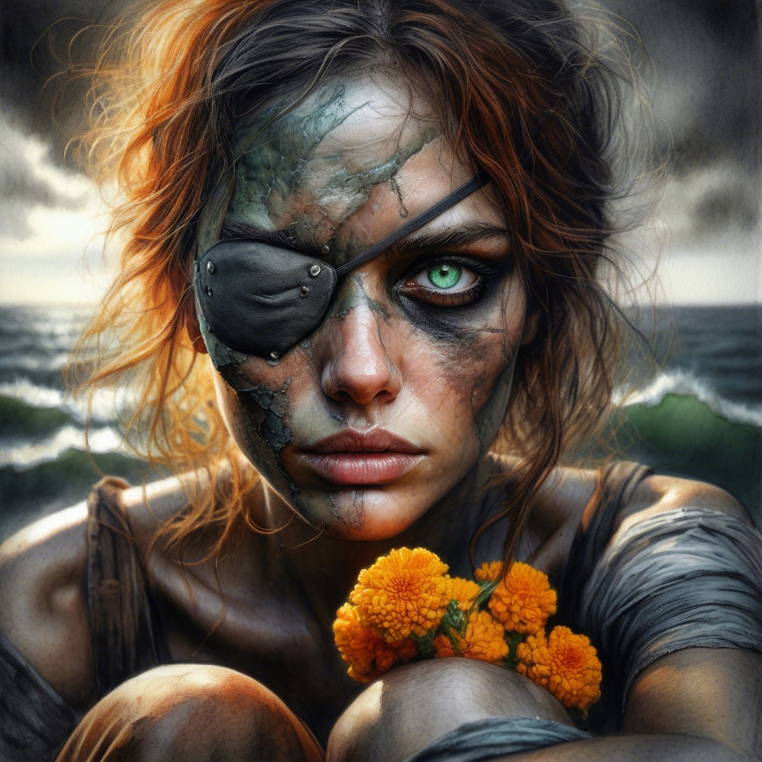 Woman with Eye Patch and Flowers Against Sea Background