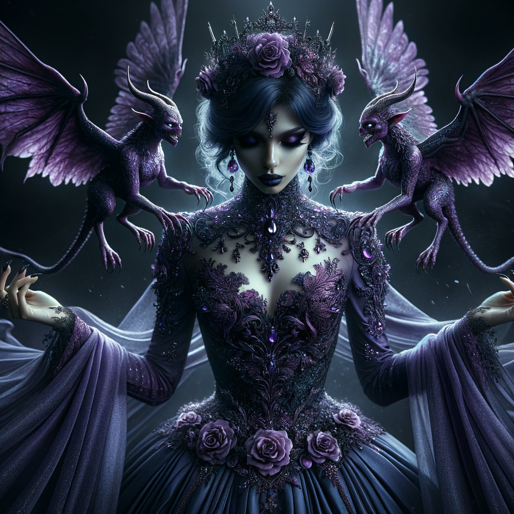 Mystical Figure in Purple Gown with Dragon Creatures