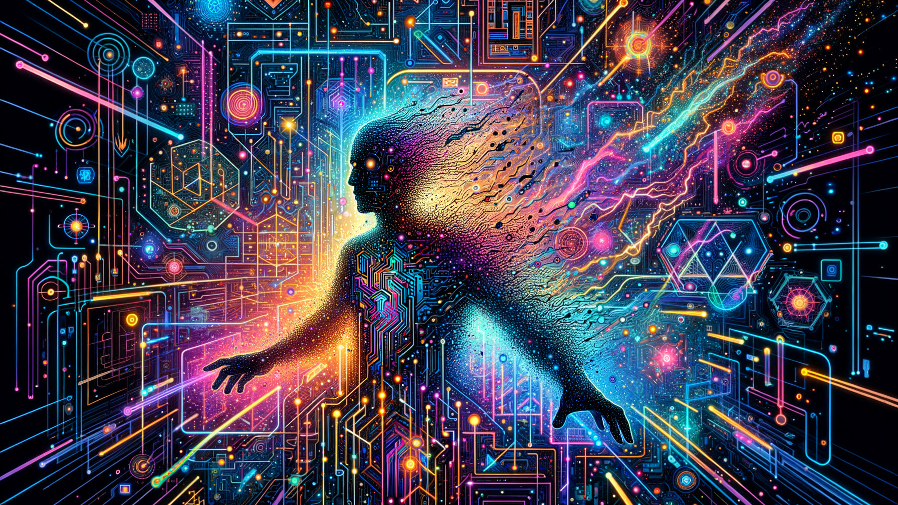 Vibrant Silhouette with Abstract Circuitry Patterns