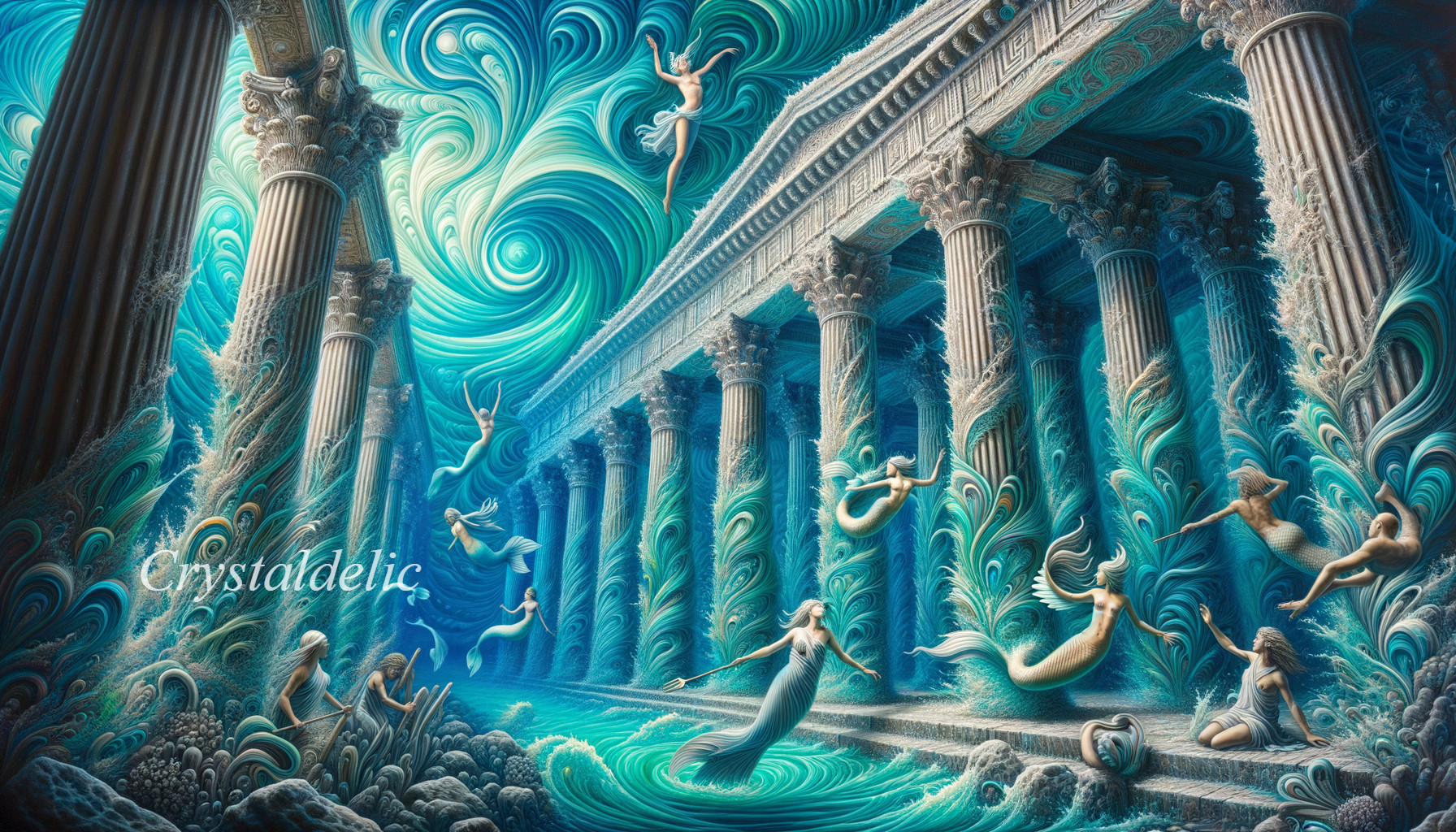 Surreal underwater temple with mythological mermaids and mermen