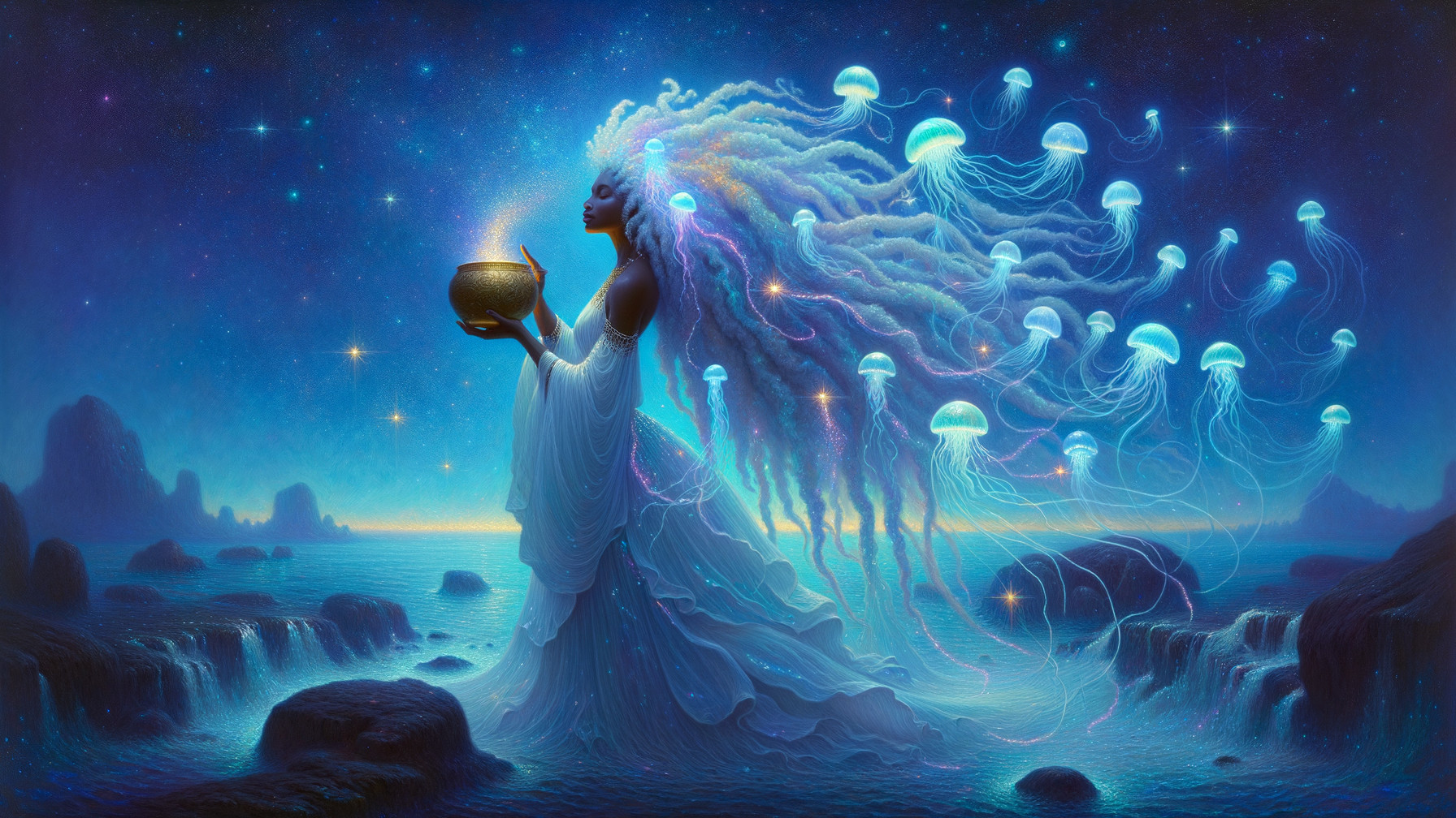 Mystical Figure by Ocean with Ethereal Jellyfish