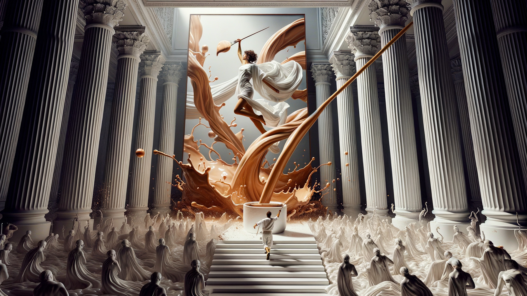 Ancient Hall with Figure, Columns, and Liquid Paint