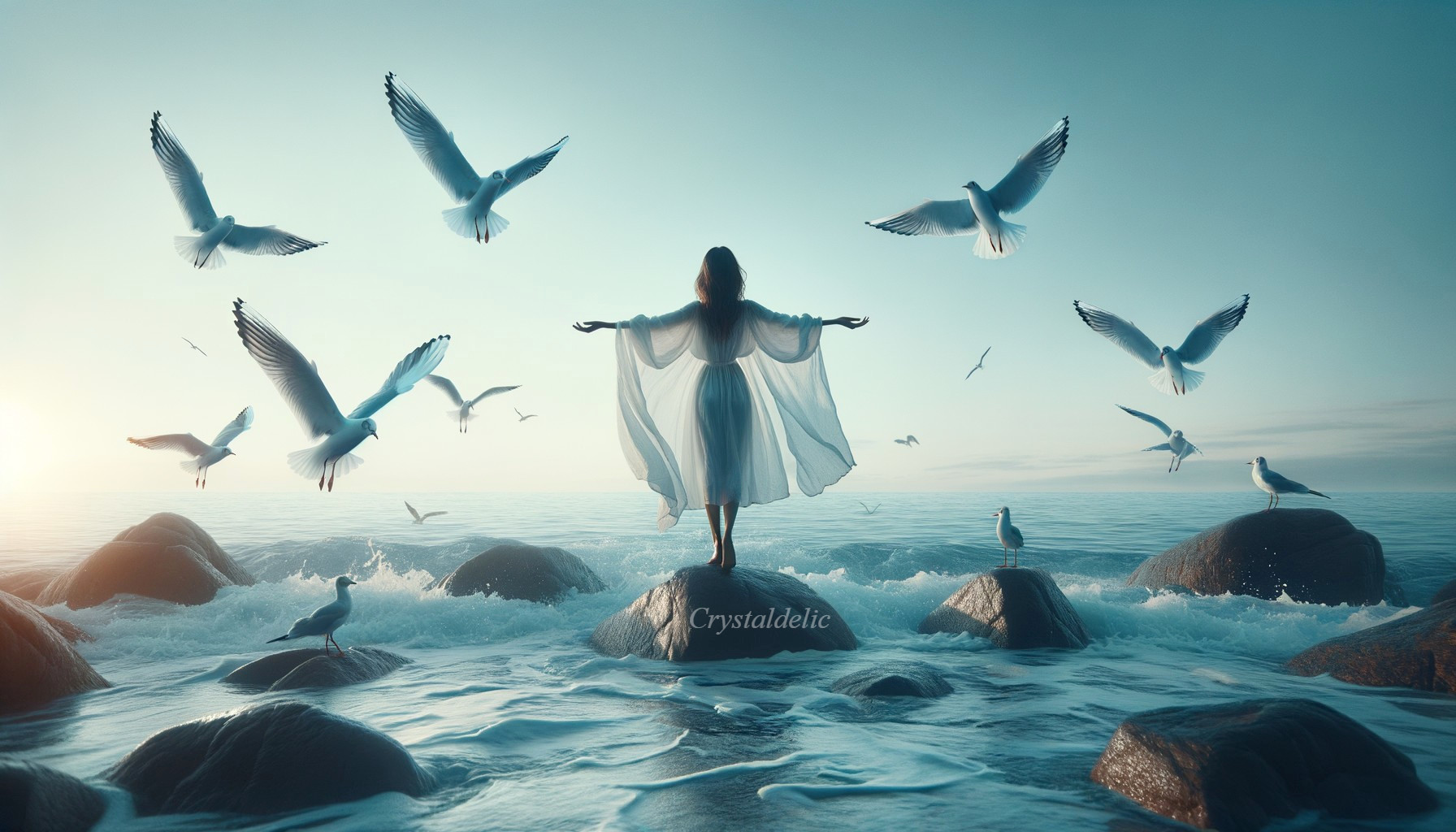 Woman in White Dress by Ocean at Dawn