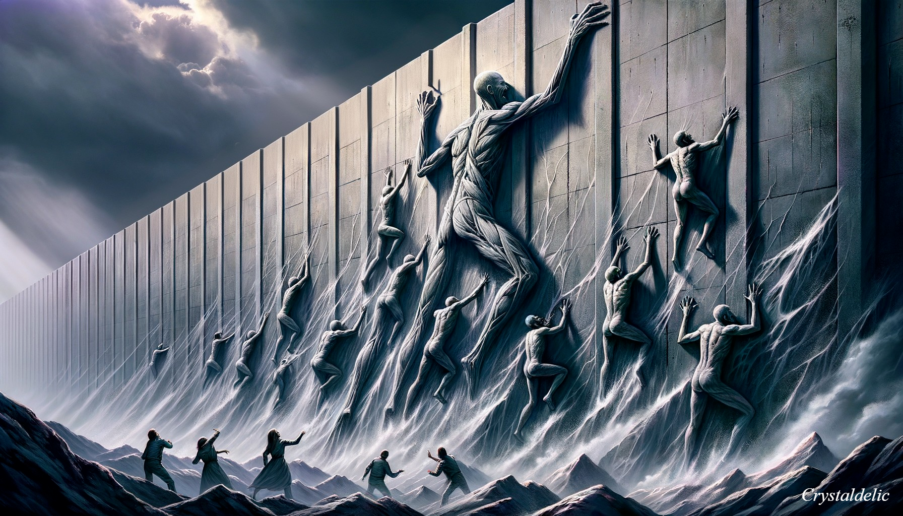 Dramatic Scene of Figures Climbing a Monumental Wall
