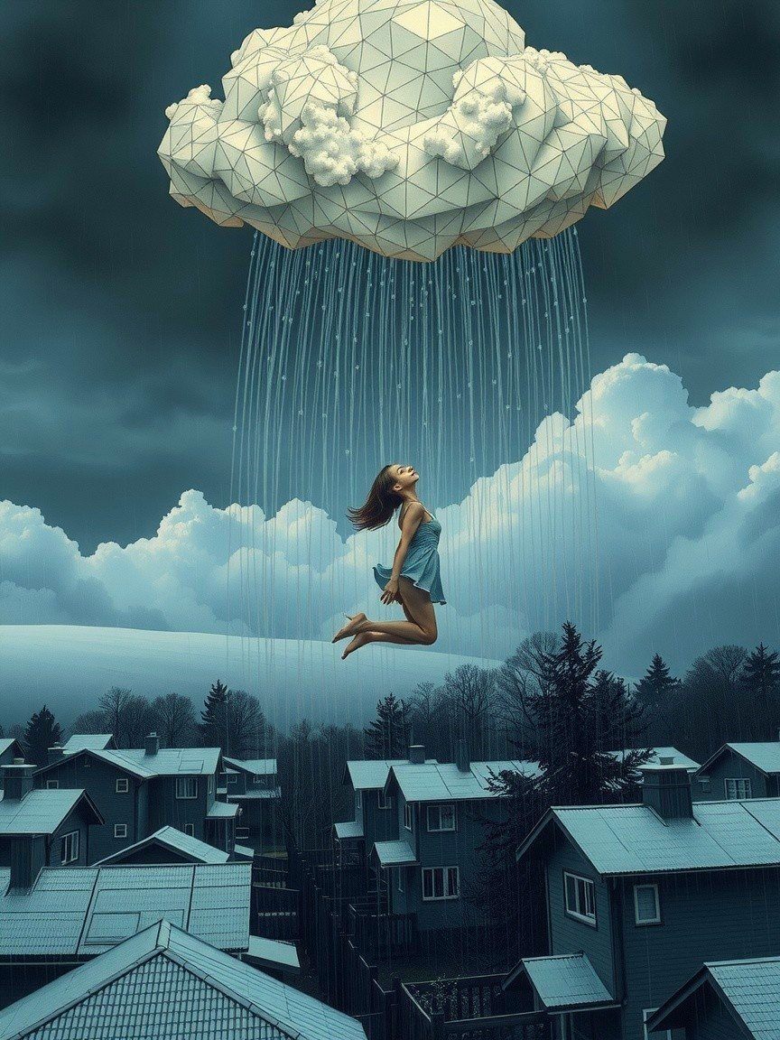 Surreal Scene of Woman in Blue Dress Ascending Clouds