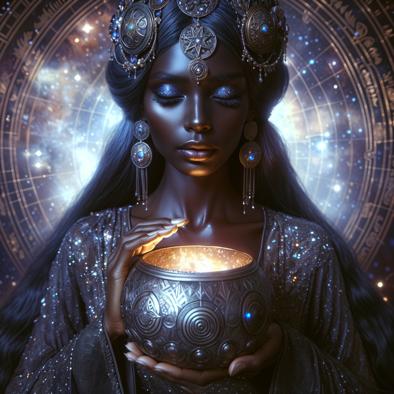 Mystical Figure with Ornate Bowl Against Cosmic Background
